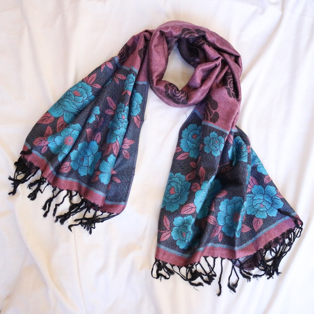 Teal and Mauve Rose Floral Fringe Scarf